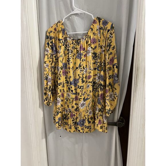 Democracy Yellow Floral Peplum Waist Peasant Top Sz L Cottage Boho - Picture 8 of 8